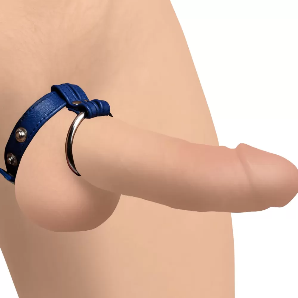 Cheap Healthy & Active Blue Leather and Steel Penis and Ball Ring