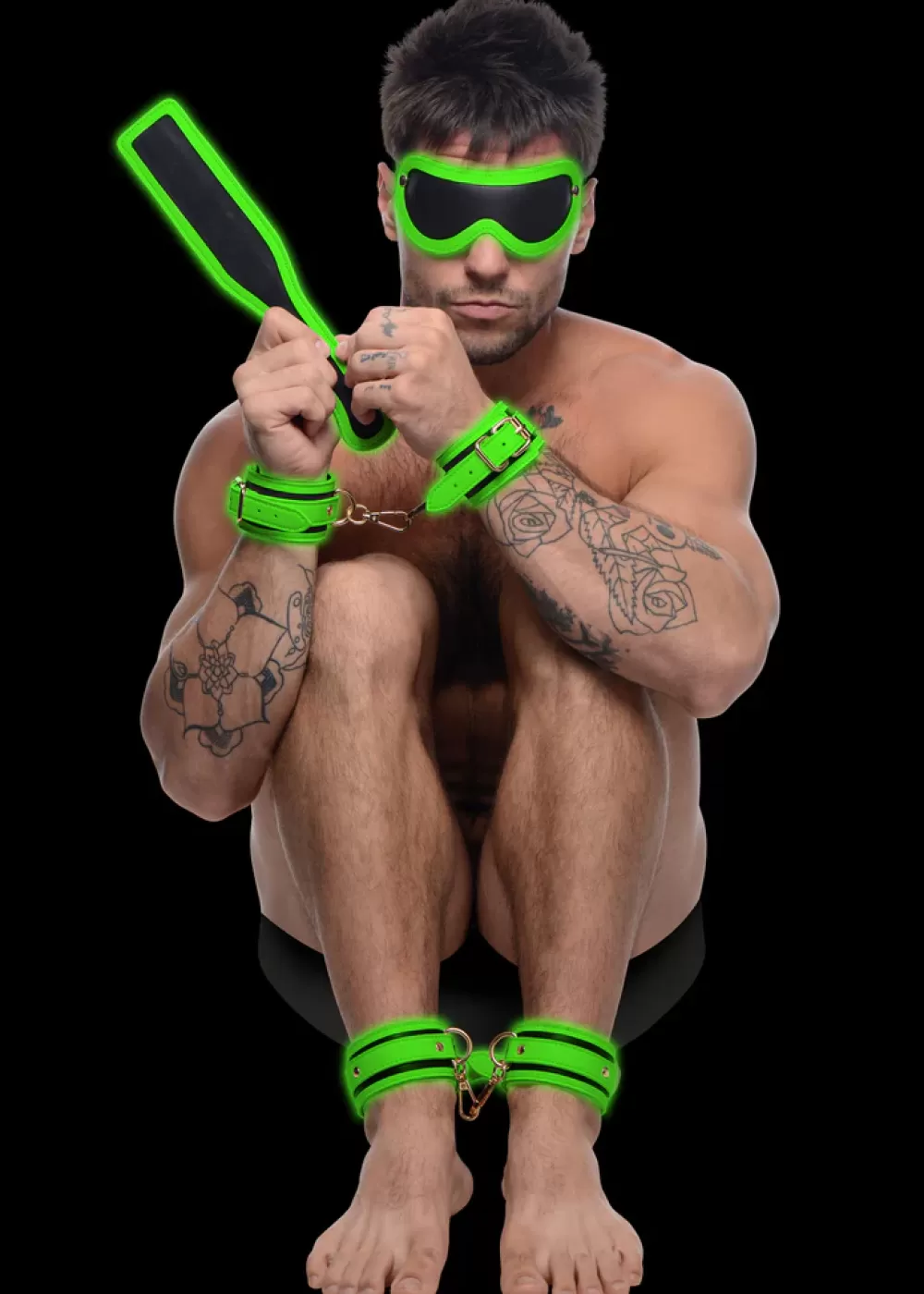 Shop Healthy & Active Kink in the Dark Glowing Cuffs Blindfold and Paddle Bondage Set