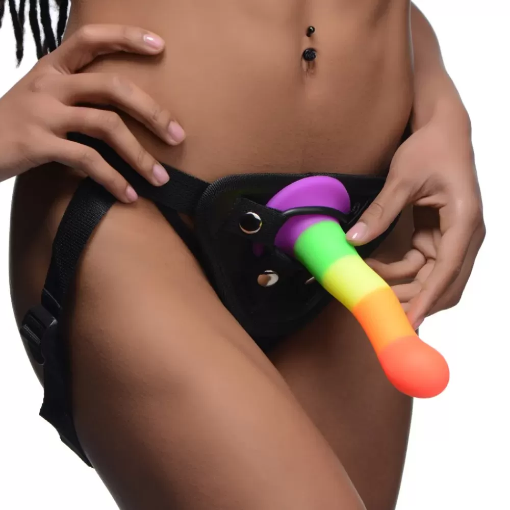 Fashion Healthy & Active Proud Rainbow Silicone Dildo with Harness