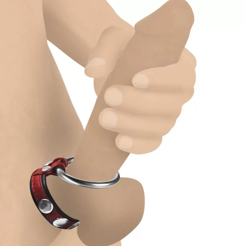 Sale Healthy & Active Red Leather and Steel Penis and Ball Ring