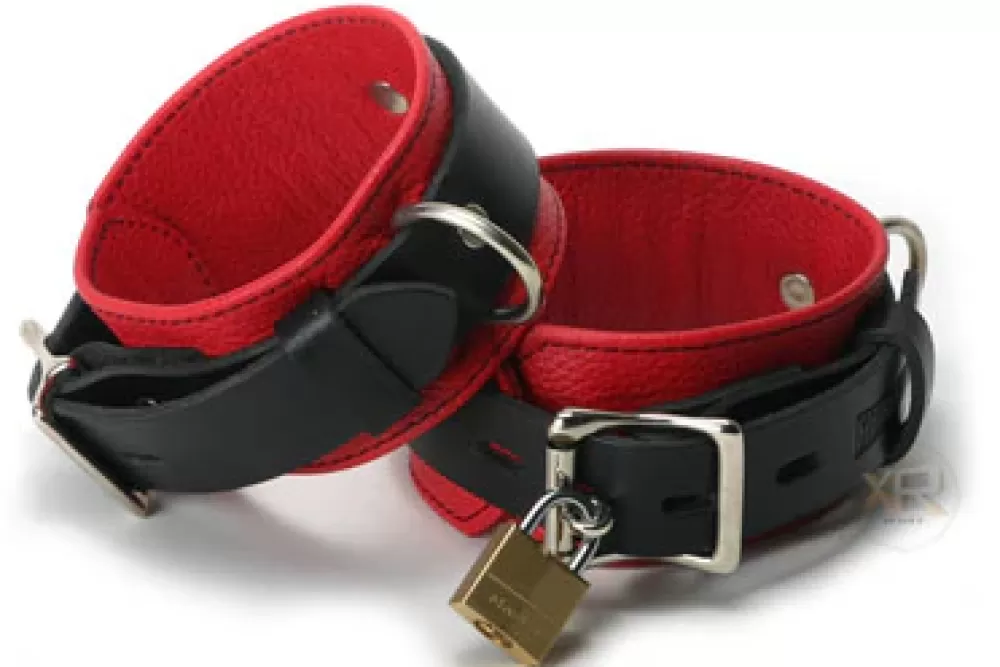 Cheap Healthy & Active Strict Leather Red and Black Locking Bondage Cuffs